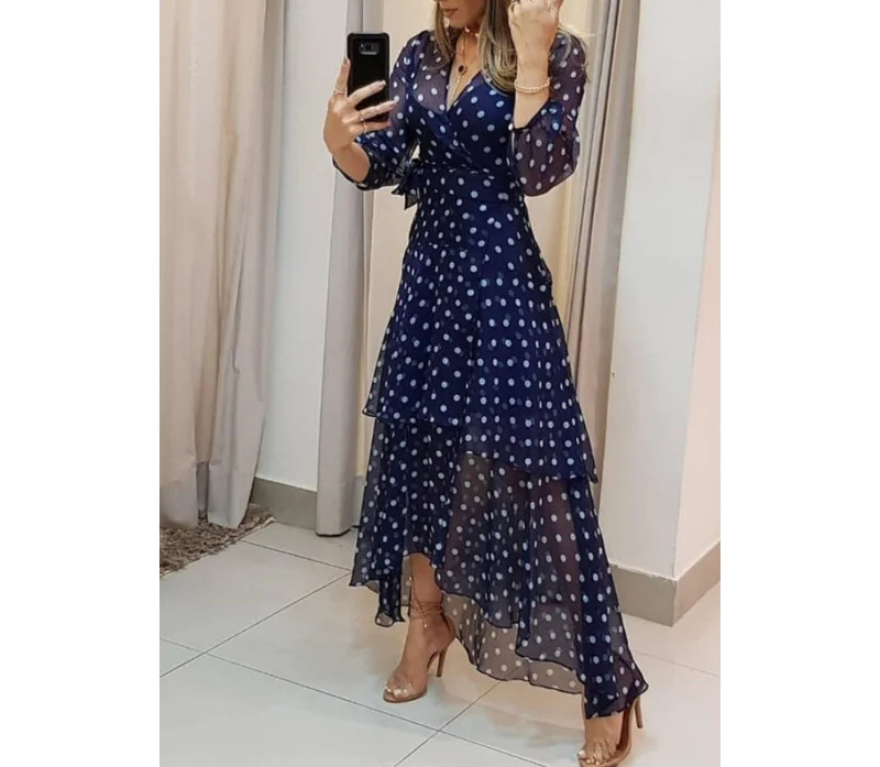 Women Spring Summer Polka Dot Irregular Printed V-Neck Long Dress Femininity Fashion Long Sleeves Elegant Lotus Leaves And Ankle