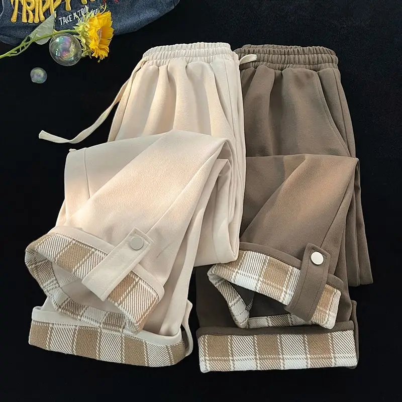 

American Wide Leg Pants for Men and Women with Trendy Spring and Autumn Design Flipped Plaid Straight Leg Casual Sanitary Pants