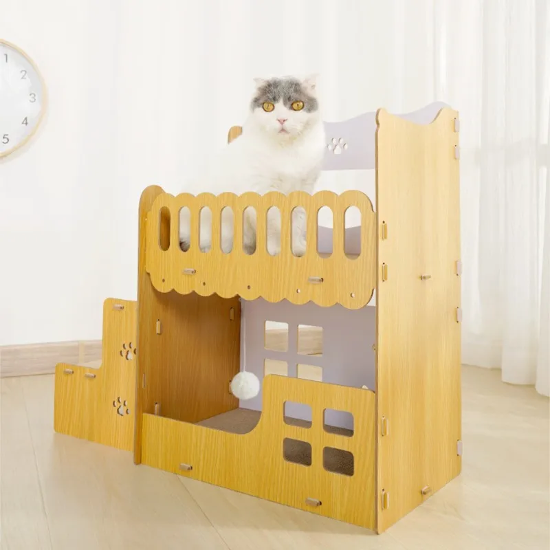 HONEY PET Corrugated Square Cat Nest Wooden Replaceable Cat Claw Board Bed Vertical Double Layer Villa Accessories Scraper