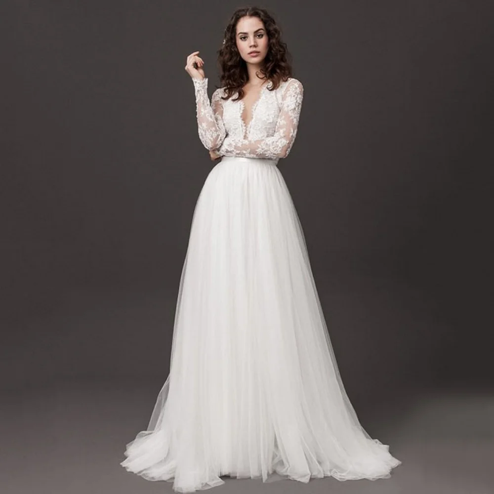 

Customized Wedding Dresses Classic Deep V Neck Lace Bridal Gowns Elegant A Line Tulle Bride Robes Long Sleeves vestido de novia