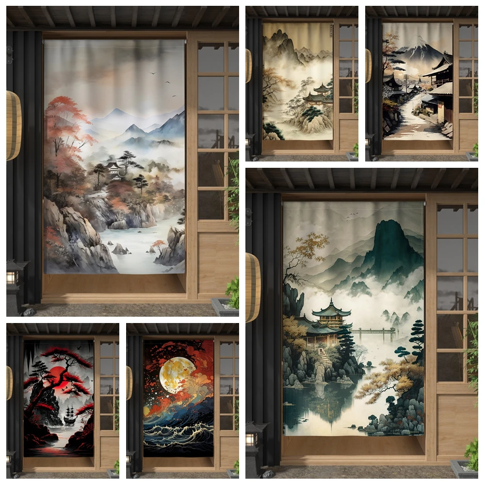 Chinese Ink Landscape Painting Door Curtains Japanese Style Kitchen Partition Drape Entrance Hanging Single Piece Door Curtain