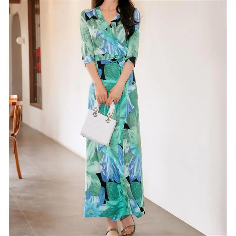 

Приталенное трикотажное платье макси с цветочным принтом, с запахом, длинным рукавом, для повседневной носки весной и летом, китайского производства