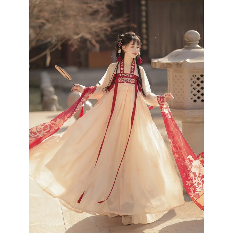 المرأة الأصلية Hanfu تانغ سلالة مستوحاة Qixiong Ruqun الزي النمط الصيني ربيع الخريف ارتداء اليومي مع الأشرطة الكتف