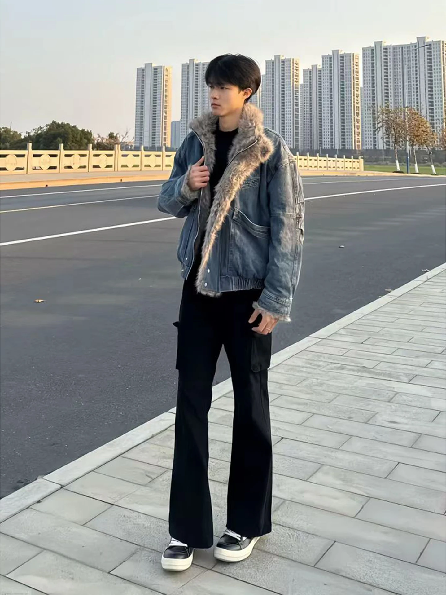 

American High Street Men's Work Pants Multiple kets Fce Lined Thiened Straight Leg Micro Flared Autumn Winter Pants