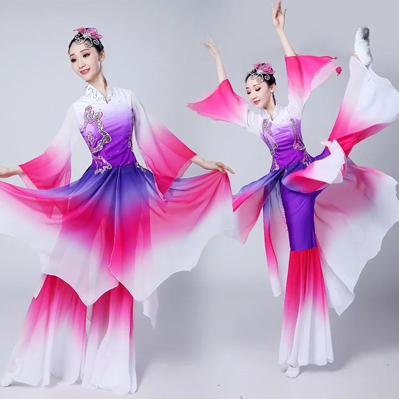 Grown-up Classical Chinese Costumes Yangko Dance Costumes Umbrella Fan Dance Chinese Style Wide Sleeve Perform Practice Clothing