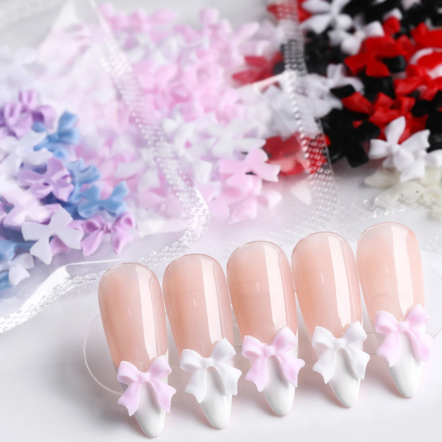 30/50Pcs Mini Kawaii Bowknot Nail Decorations 3D Cute Candys Color Flower Nail Charms Design Pink White DIY Resin Nail Accessory