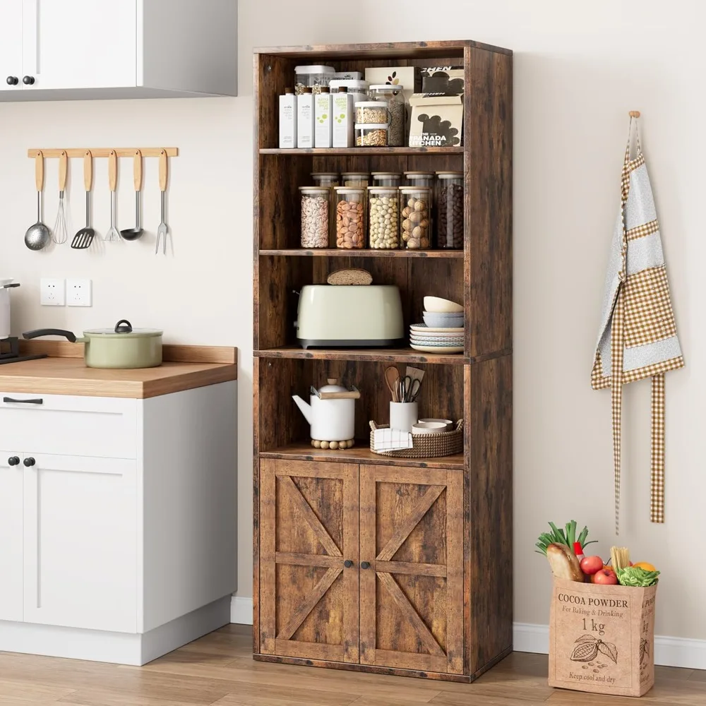 

Garveehome Farmhouse Bookcase with Doors 11.8in Depth Display Storage Shelves 71.4in Tall Industrial Bookshelf Wooden 6 Shelf Bo