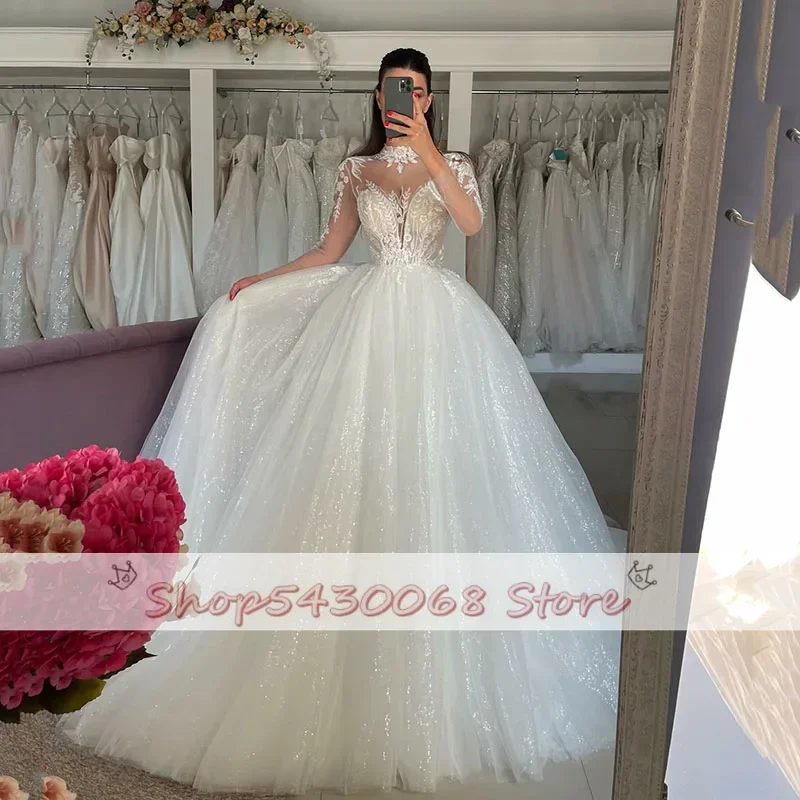 Kapok dressy Langarm Spitze Brautkleider eine Linie High Neck Brautkleid appliziert Spitze Brautkleid Prinzessin Brautkleider