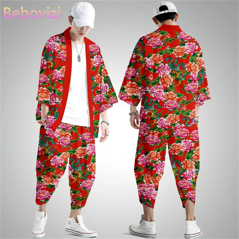 Two-piece Suit Oversize XXS-6XL Japanese Style Fashion Kimono And Pants Set Men Cardigan Blouse Haori Obi Asian Clothes