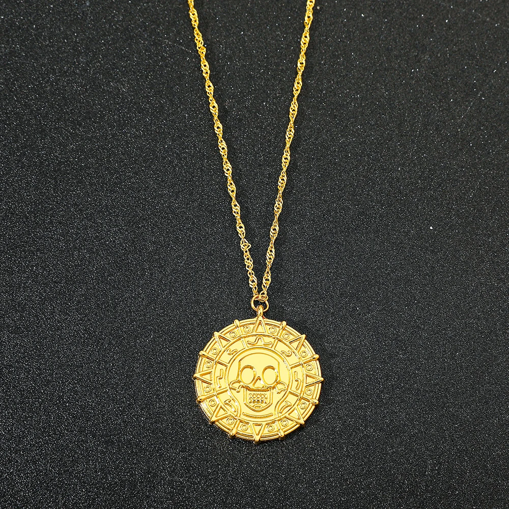 Pirates of the Caribbean Jack Sparrow Aztec Skeleton Skull Heads Coin Medallion Pendant Vintage Jewelry Necklace for Wholesale image 4