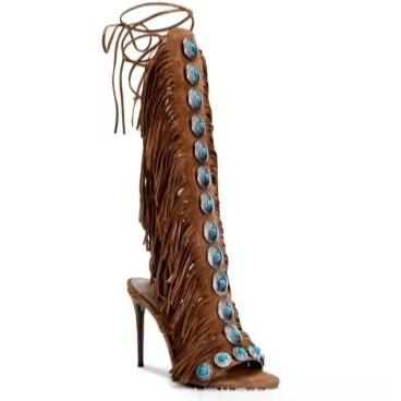 

Sexy Ladies Tassel Gem Boots New Open Toe Luxury Roman Street Stiletto Casual Boots Retro Black Brown Model Catwalk Stage Boots