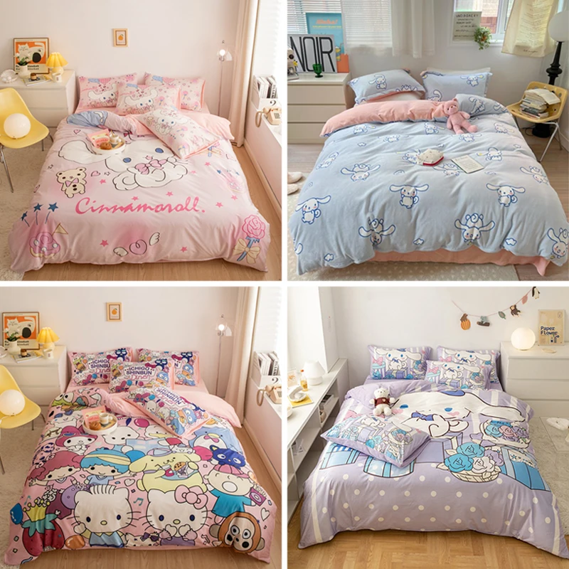 

Sanrio Cinnamoroll Bedding Set Winter Warm Milk Velvet Four Piece Set Double Bed Duvet Cover Flat Sheet Queen Size Home Textile