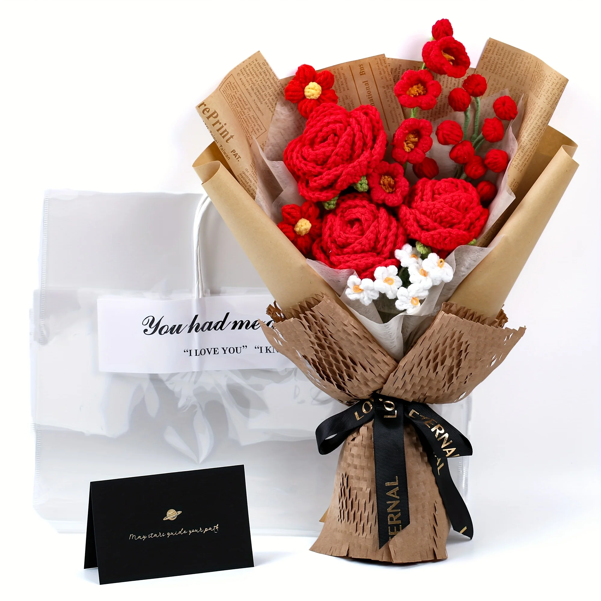 

Crochet Flower Bouquet with Greeting Card And Gift Bag, Handmade Artificial Knitted Lilies And Roses, Warm Faux Bouquet for Mother's Day, Wedding, Anniversary, Birthdays, Valentine's Day