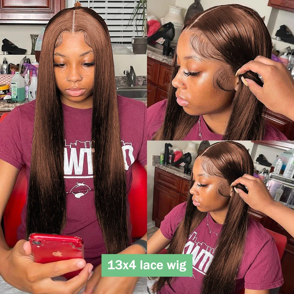 Fotografia 6: Peruca de Cabelo Humano Liso Cor Chocolate HD 30 38 Polegadas com Renda Frontal # Perucas Frontais de Renda HD Lisas 13x4 e 13x6 em 4 Cores