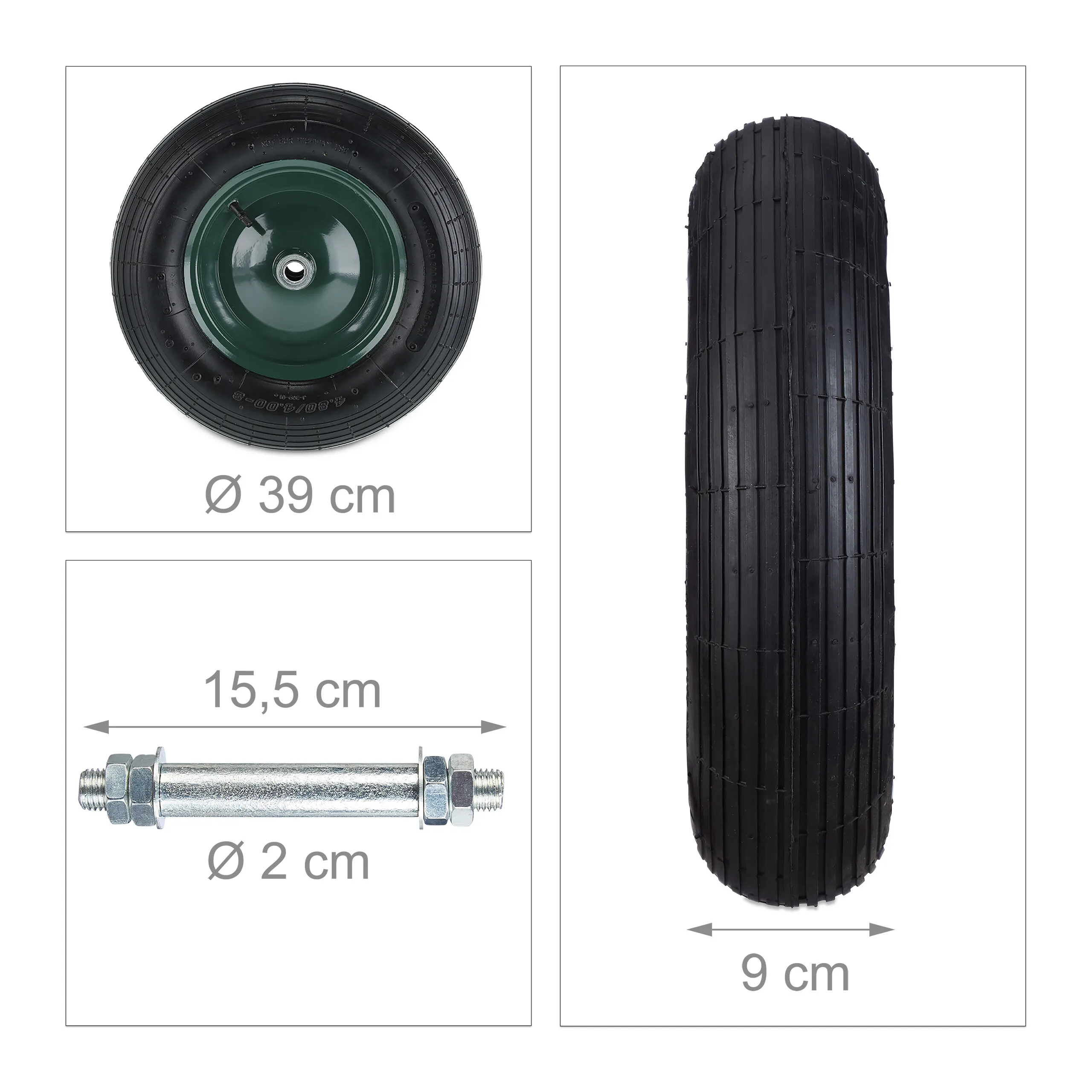 Rueda neumática para carretilla, para carros de jardín, con aro de acero, eje y rodamiento de bolas, 4.80 4.00-8, 120 kg, negro/verde, Relaxdays.
