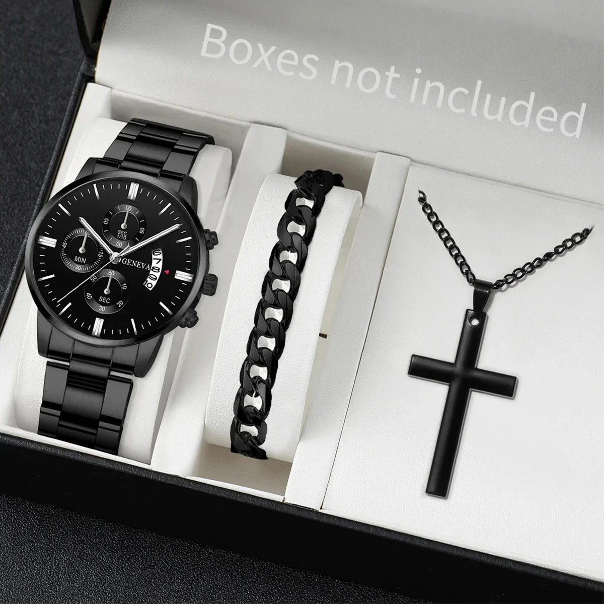 Men's Watch Set, 3 Pieces, Commercial Trend, Classic Round Dial, Quartz Watch, Bracelet and Necklace, Gift for Friends or Dad