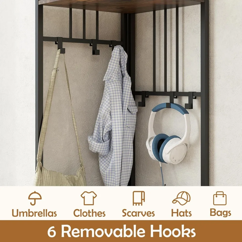 شجرة قاعة الزاوية مع مقعد تخزين الأحذية، 71 رف معطف، 6 خطافات، منظم رف الأحذية من 4 طبقات، أثاث المدخل