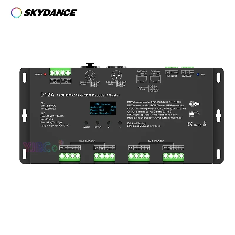 

Skydance 12 Channel CV DMX512 Decoder OLED display 12V-24V 12CH 4-PWM RDM DMX Master RGB LED Strip tape Controller 8 bit/16bit