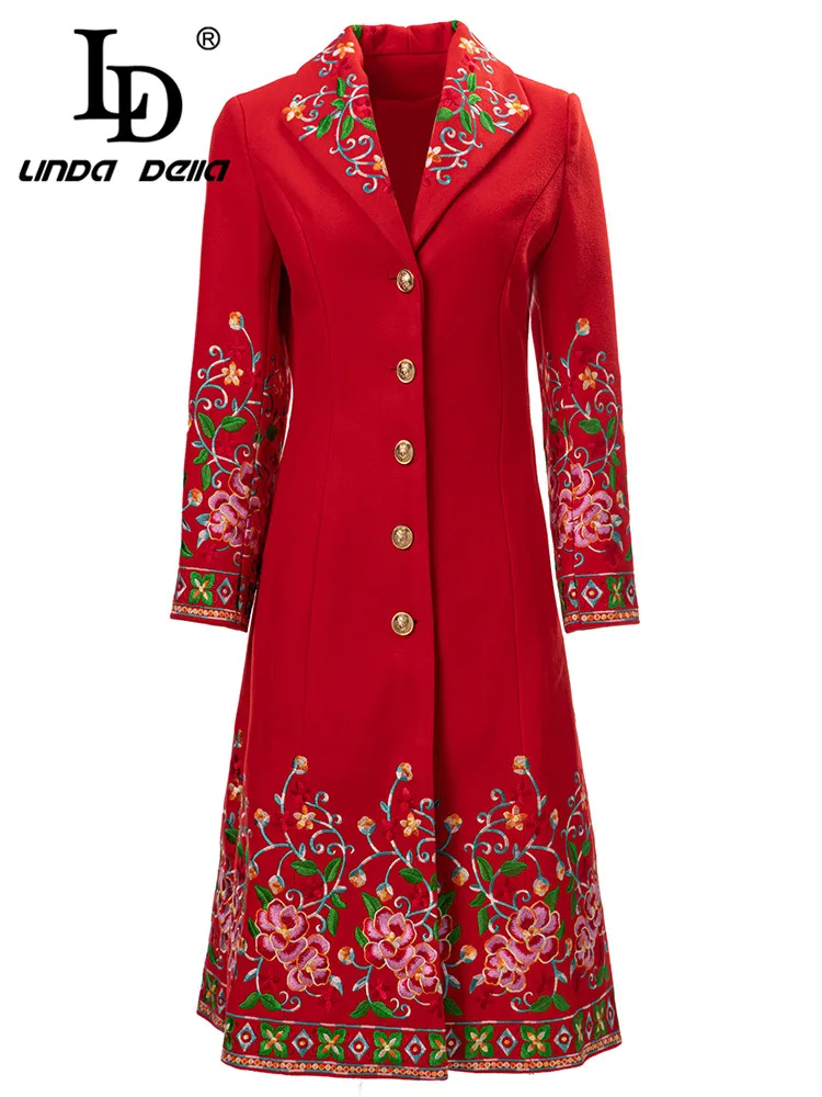 LD LINDA DELLA Autumn and winter New Style Chinese style Coat Women's Bright red single-breasted extravagant embroidery Coat