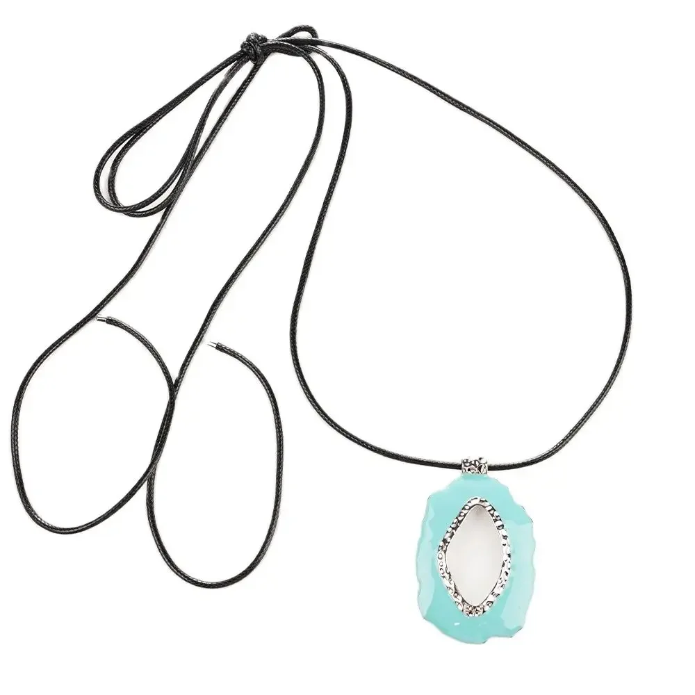 

Black Rope Adjustable Sweater Chain Big Metal Platinum Plated Necklace Turquoise Hollow Pendant Choker For Women Jewelry