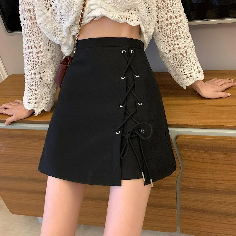 High Waist Slim Drawstring Mini A-line Skirt Faldas Mujer Moda 2023 Summer with Safety Shorts Hip Package Simple All-match Jupe