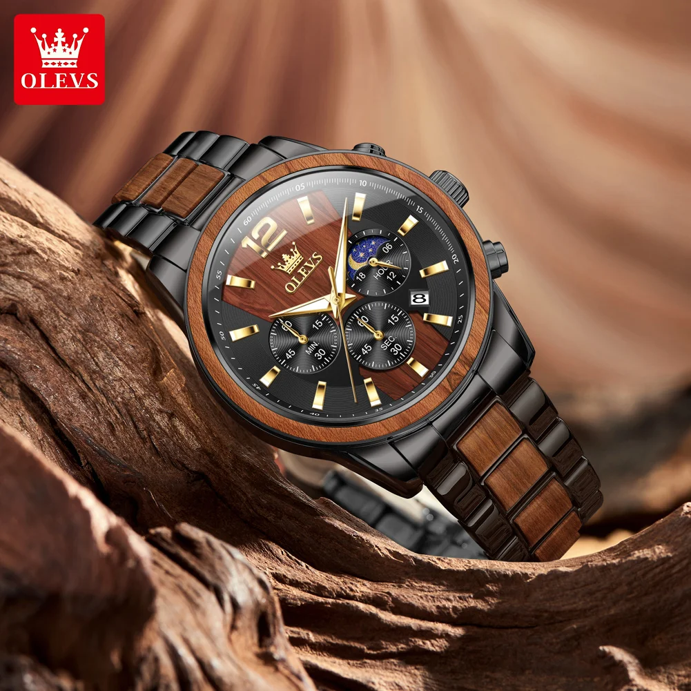OLEVS 3645 Original Quartz Men Watch Elegance Moon Phase Dial Calendar Window Solid Wood Strap HD Luminous 30m Waterproof Watch