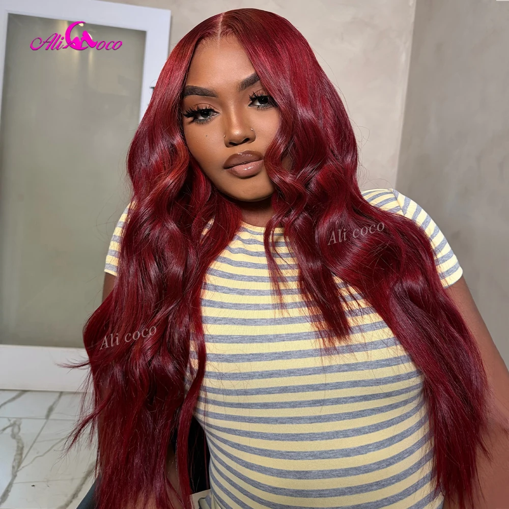 Dark Red Lace Front Real Human Hair Glueless Body Wave Wine Color Transparent 200 Density 32 Inch 13X6 Drawstring Wigs Pre-cut