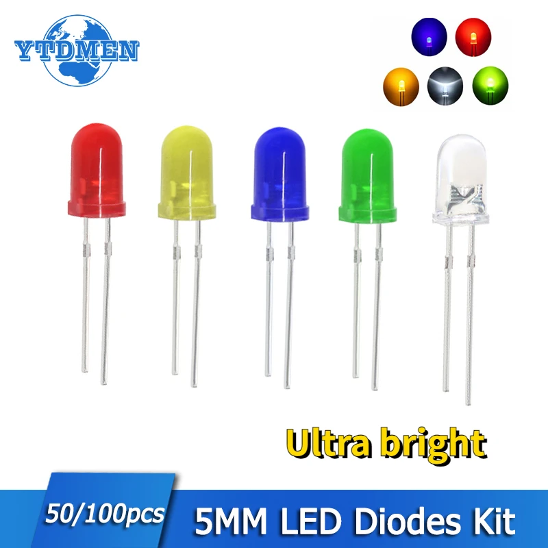 50/100 stücke f5 mm LED-Diode sortiert Kit ultra helle LED-Dioden weiß rot blau grün gelb diy Leuchtdioden