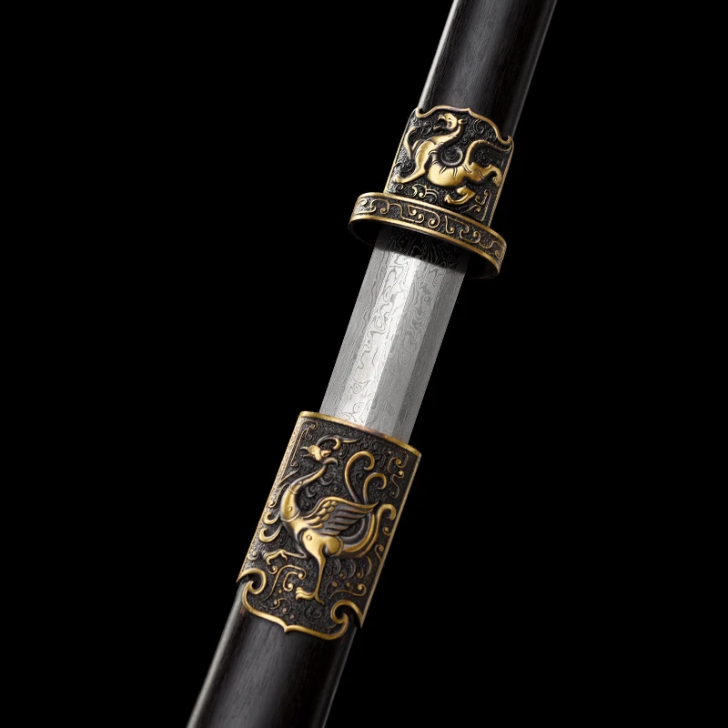 Four Sacred Beasts Tang Jian Sword Folded Steel Blade Real Brass Fittings & Dragon Phoenix Ebonywood Scabbard Katana Collectible