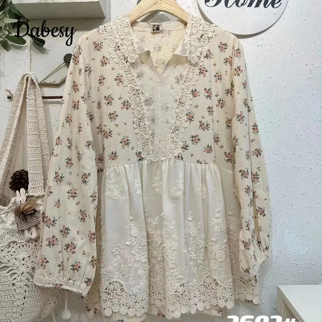 Japanese Mori Girl Cotton Linen Green Flower Shirt Women Japanese Vintage Autumn Lace Turn-down Collar Long Sleeve Blusas Mujer