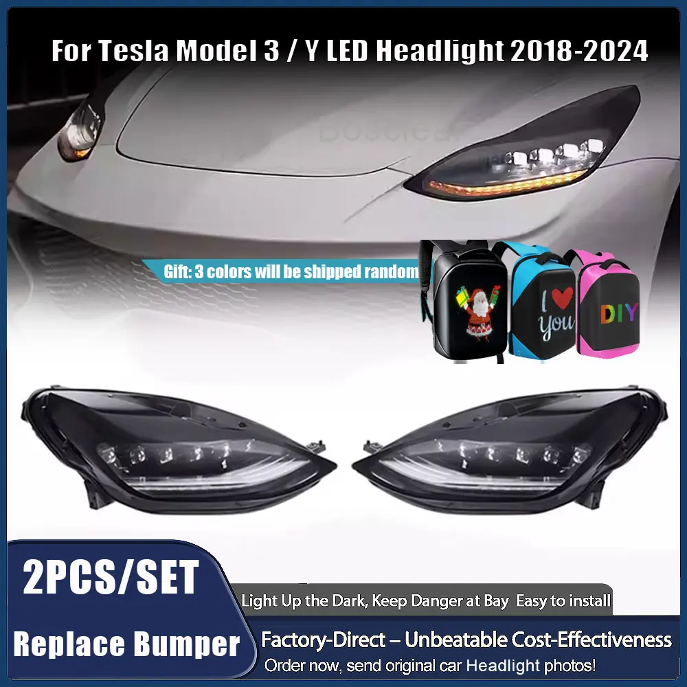 2PCS Car Headlights For Tesla Model3 ModelY 2018-2024 Matrix FULL LED Head Lamps Dynamic Turn Signal Head Front lights Assembly