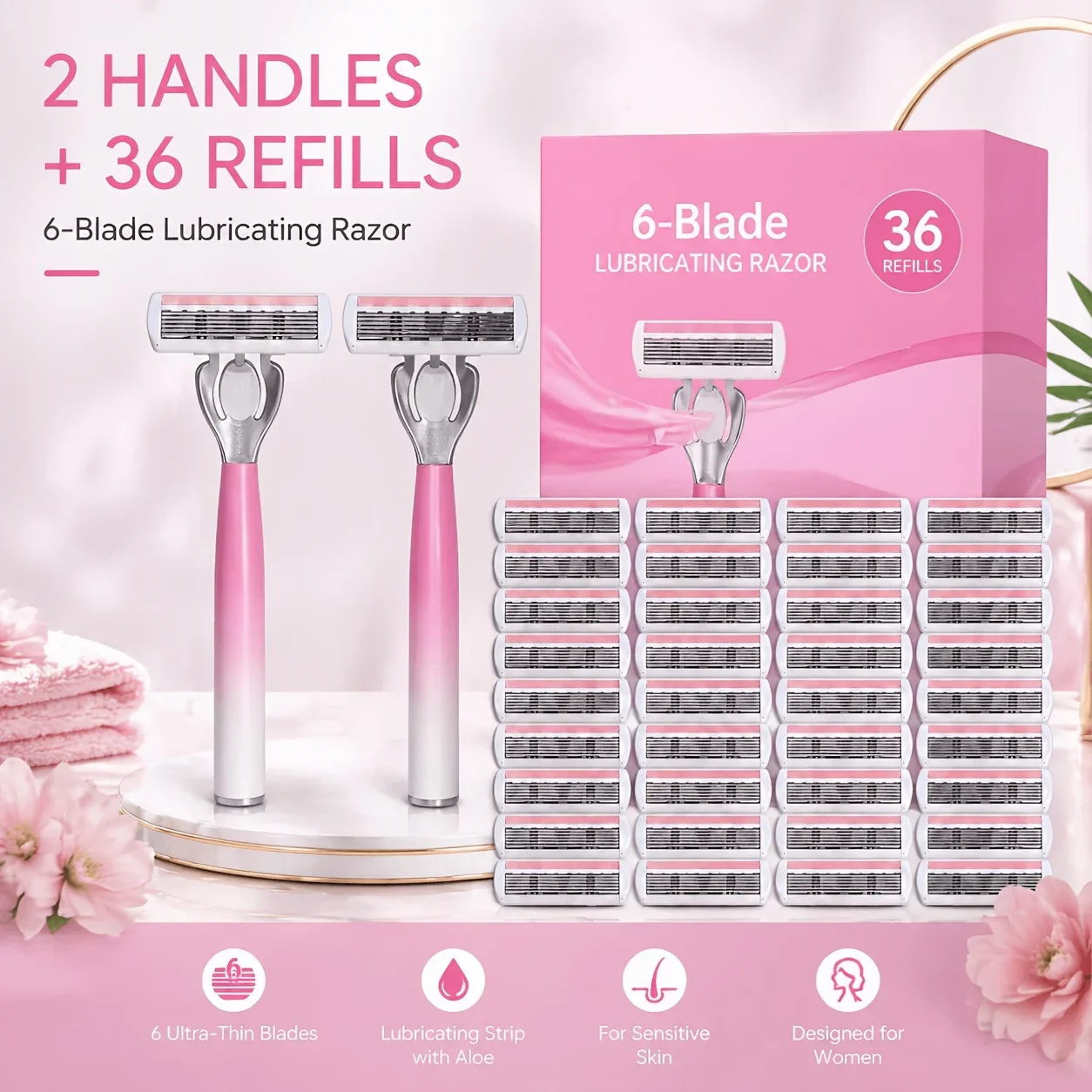 [Women's Shaving Set] 2 high-end handles, including 36 replacement blades, 6-layer blade design, anti slip and sharp for women's razors, smooth and seamless blades, and painless shaving, making it a must-have for women