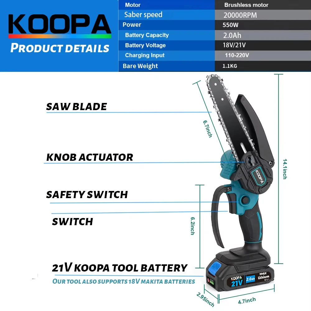 Koopa Tool 18 В/21 В бесщеточный электрический триммер и бесщеточный мини6-дюймовый электрический пильный набор инструментов для сада, парка