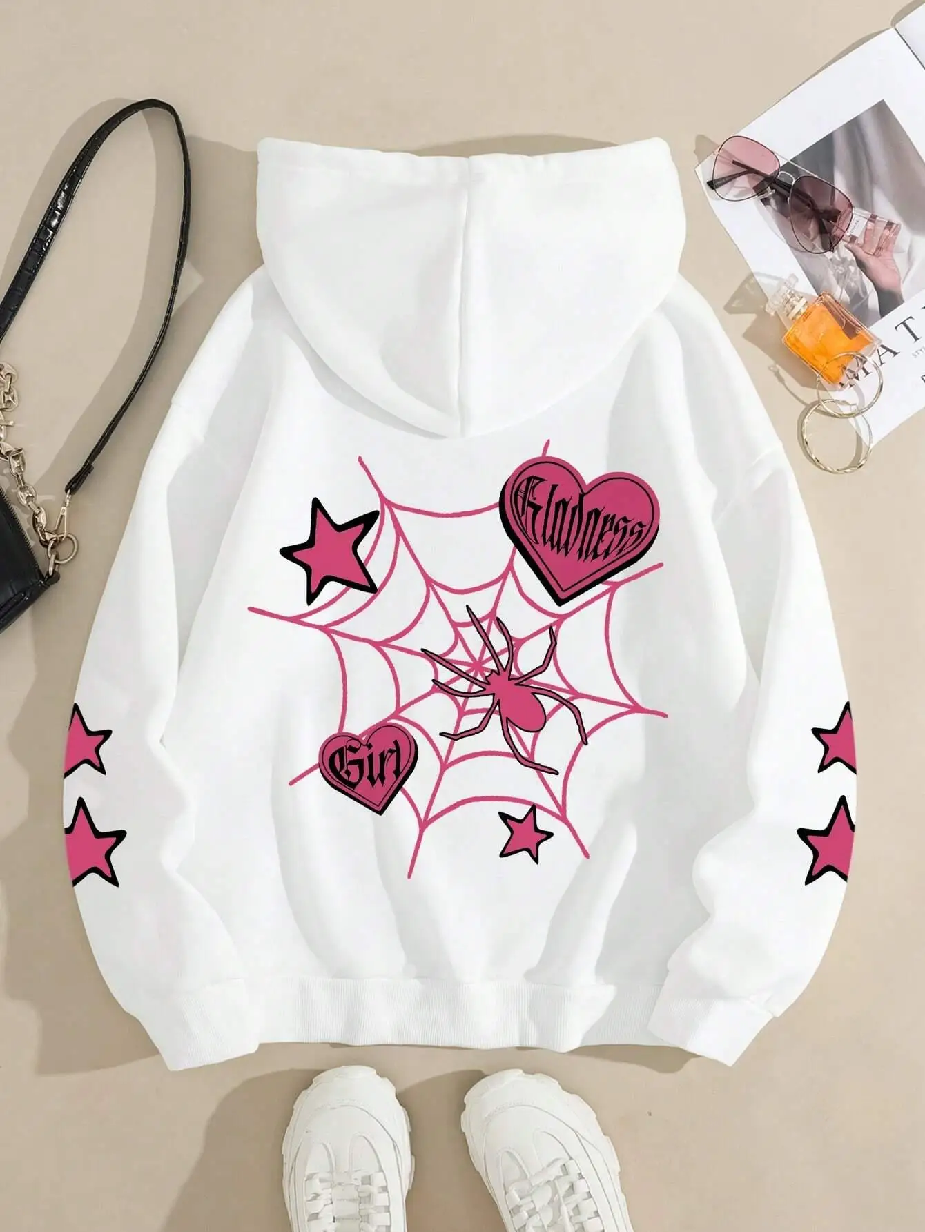 Fashion Men Women Spider Pattern Hoodie Casual Loose Long‑Sleeve Pullover Sweatshirt Hood With Graphic Print Daily Street Outfit