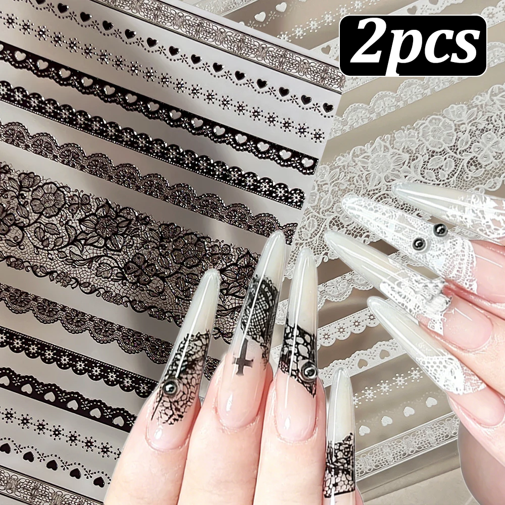 

2Pcs Black White Lace Flower Heart Nail Art Sticker 5D Embossed Sexy Lace Stripe French Nail Decals Y2k Elegant Wedding Nail Dec