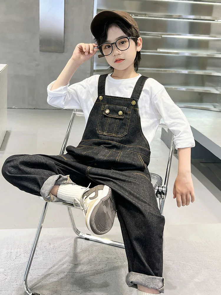 

Детский модный джинсовый комбинезон черного цвета для мальчиков и девочек, повседневные джинсы-комбинезон унисекс, винтажные детские штаны на подтяжках с ремешками