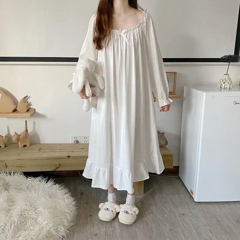 Nightgown Pajamas Women\'s Spring and Autumn Japanese Style Sweet Long White Long-sleeved Home Clothes New Ночная Рубашка