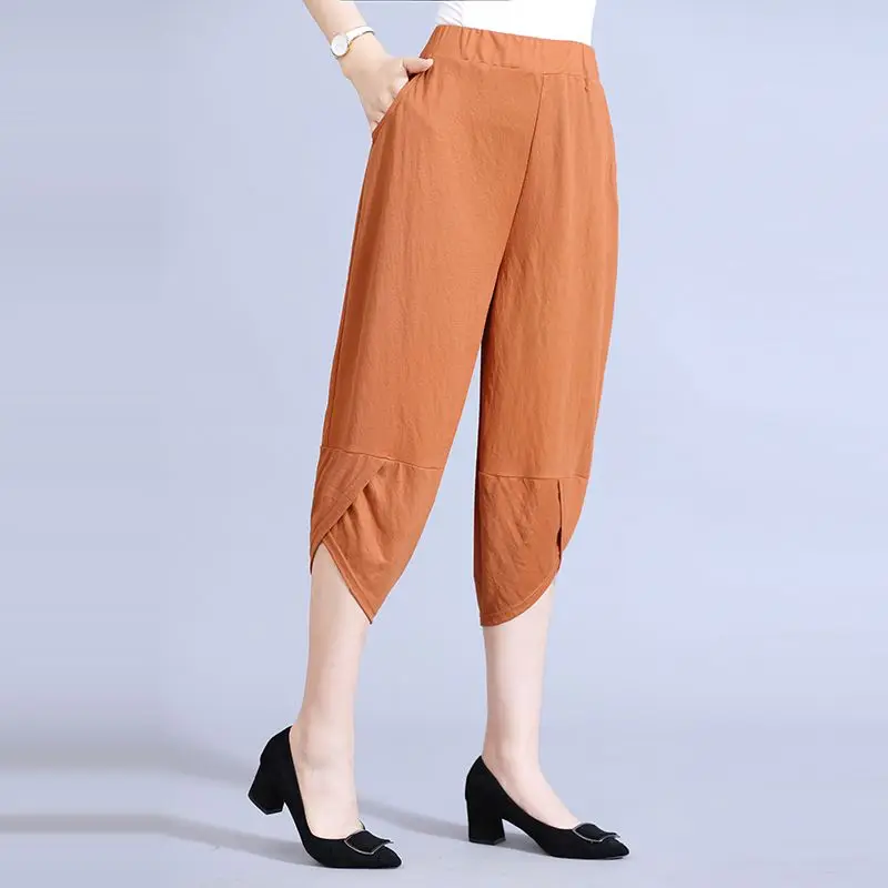 Women Summer Simplicity Loose Solid Color Fashion High Waist Cropped Pants Women Clothes Casual All-match Large Size Bloomers