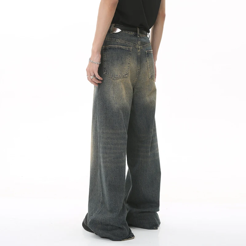 Iefb-Jeans lavado vintage masculino, calças jeans de perna larga, calças masculinas soltas, moda casual de rua angustiada, verão, versátil, 9C354