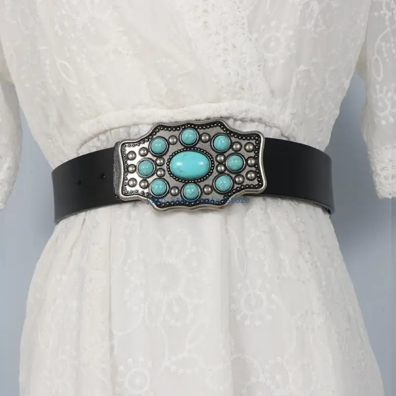 

X7XB Genuine Waist Belts with Turquoise Buckle Adjustable Waist Belt Universal Woman Dresses Skirt Coat Slimming Waistband