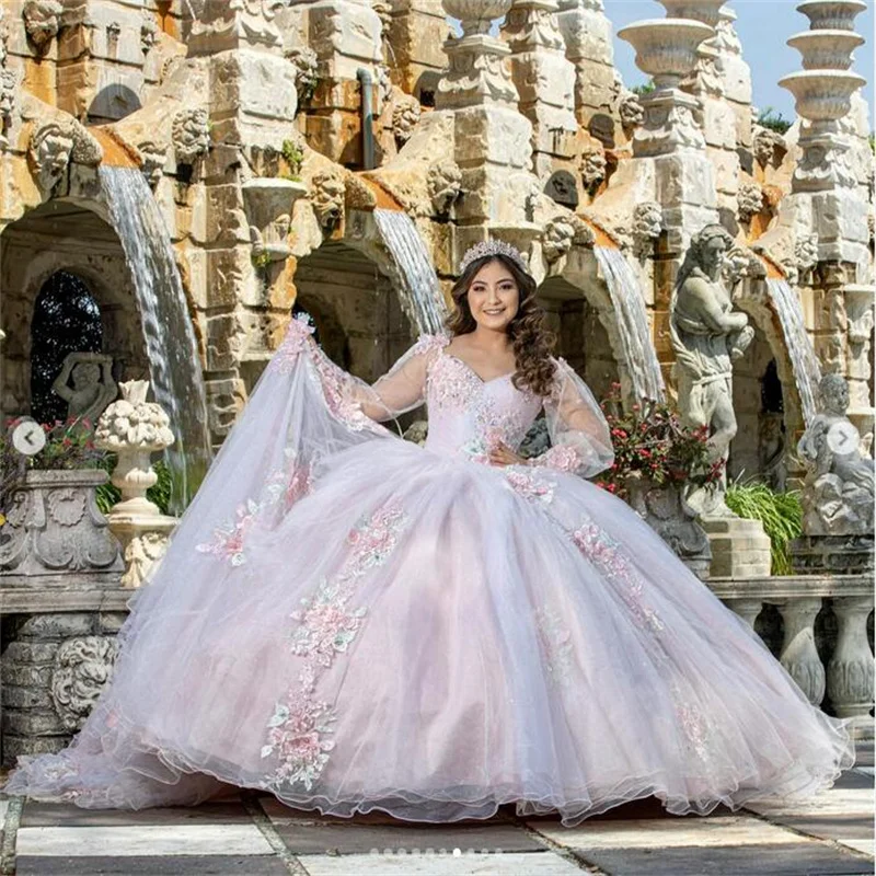 فساتين MULONG Quinceanera 2023 جديدة أنيقة على شكل حرف V مزينة بالدانتيل وأكمام طويلة A Line Vestidos De 15 Anos للحفلات الراقصة