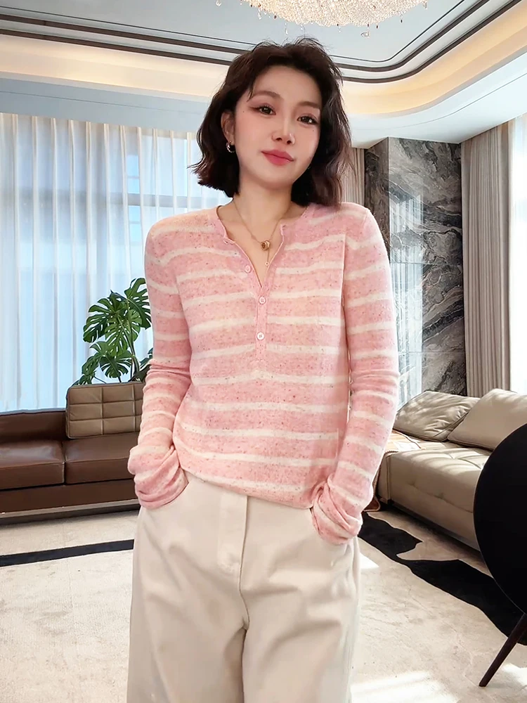 

Приталенный вязаный свитер в полоску из смесовой шерсти и льна, универсальный, с длинным рукавом, круглым вырезом, средней длины