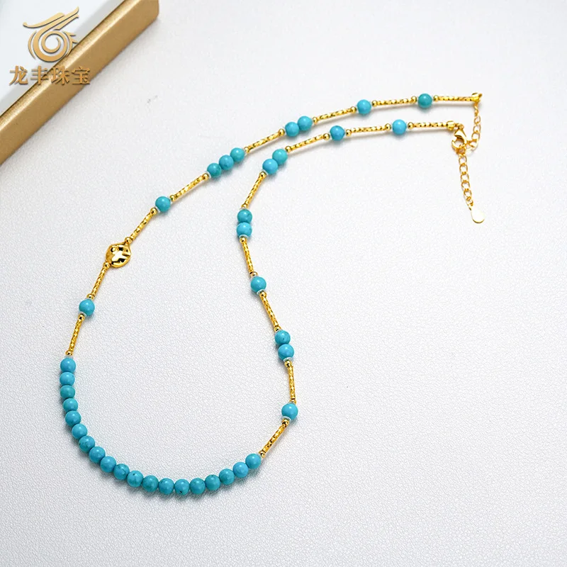 S925 Silver Plated 18k Gold Natural Turquoise Round Bead Necklace Women Collarbone Chain