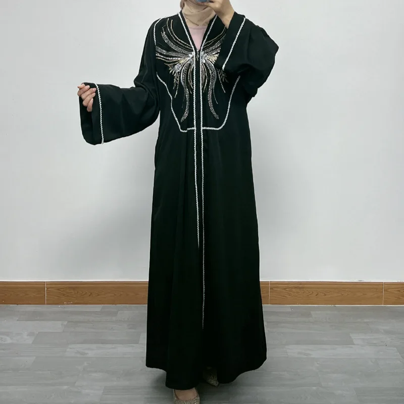 

Ready Stock Muslim Abaya Dress Long Sleeve Open Front Robe With Lace Embroidery Elegant Women Fashion