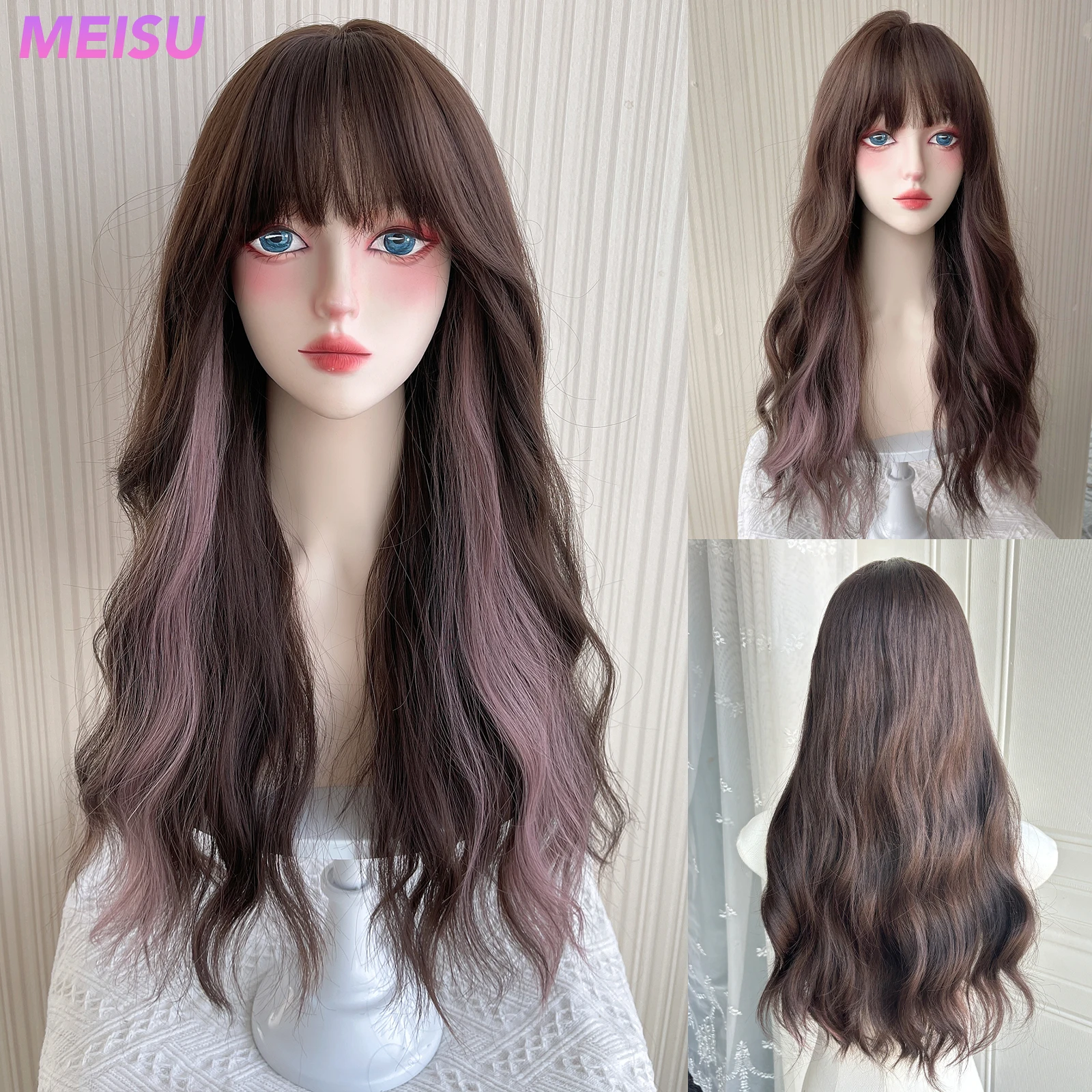 

MEISU Brown Pink Bangs Wig 26 Inch Fiber Synthetic Wigs Heat-resistant Natural Party or Selfie For Women