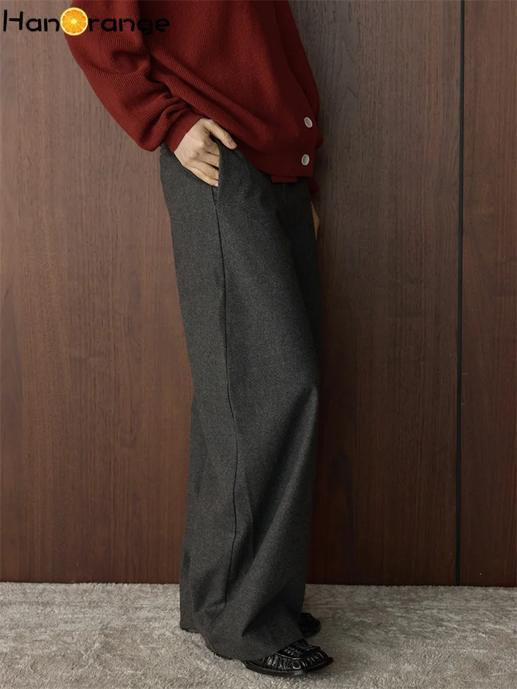 Hanorange 2025 inverno moda lã curvada faca em forma de calças femininas soltas alisamento flacidez cinza escuro