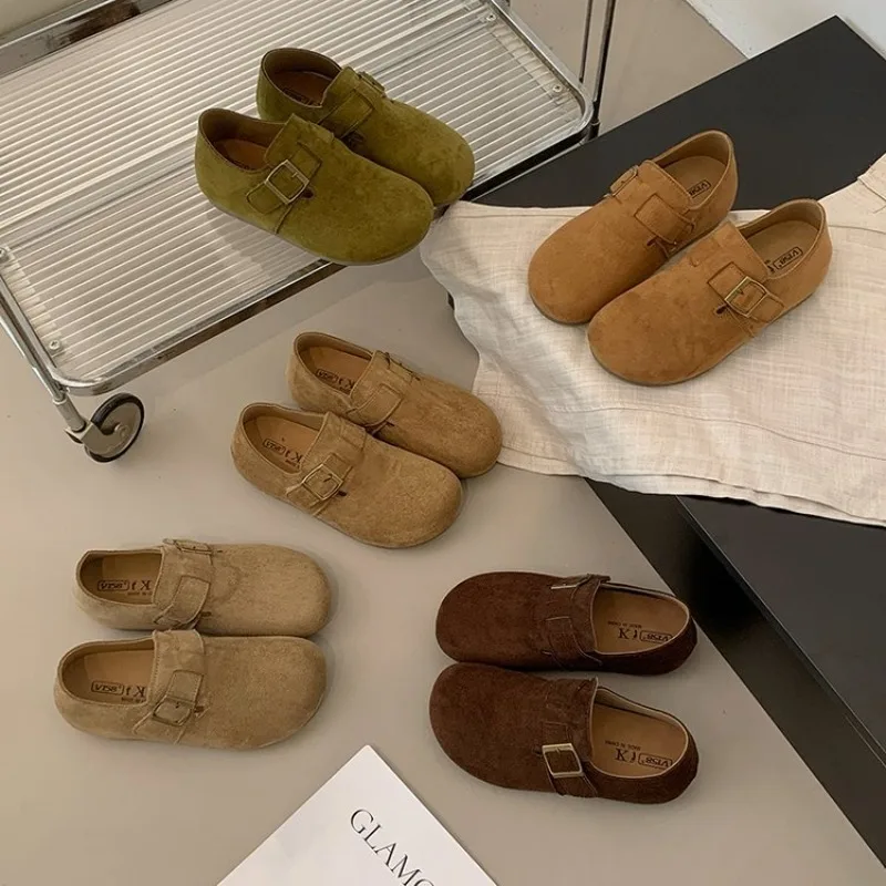 Women Suede Closed Back Birken Shoes Square Metal Buckle Round Toe Soft Sole Retro Casual Flat Daily Footwear For Ladies - view 4