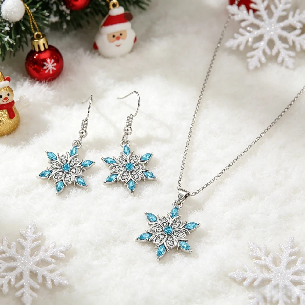 Aquamarine snowflake crystal-inspired necklace and earrings set with rhinestones and diamonds, featuring a niche design inspired