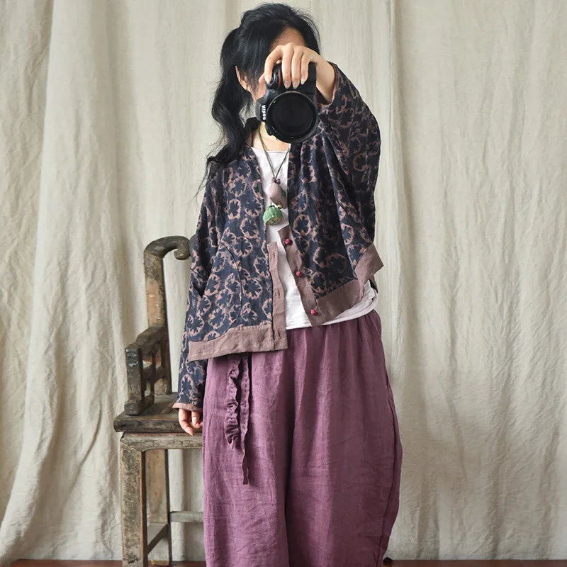 

Новый льняной кардиган с цифровым цветочным принтом, весна-осень, винтажный, художественный, свободный, на пуговицах, верхняя одежда