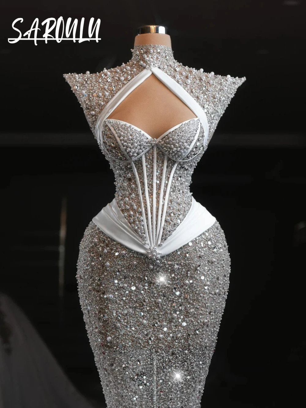 

Regal High Neckline Cutout Wedding Dress With Sparkle Train Worthy Pearls Crystals Mermaid Delicate Corset For Glam Brides